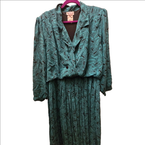 Vintage 80s Teal Abstract Pleated Dress | Camillia | Oversized